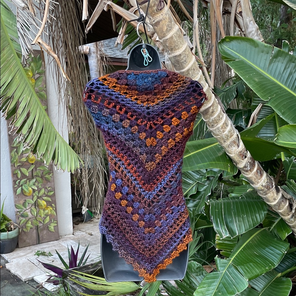 hand, crochet, purple and earth, tone, shawl,